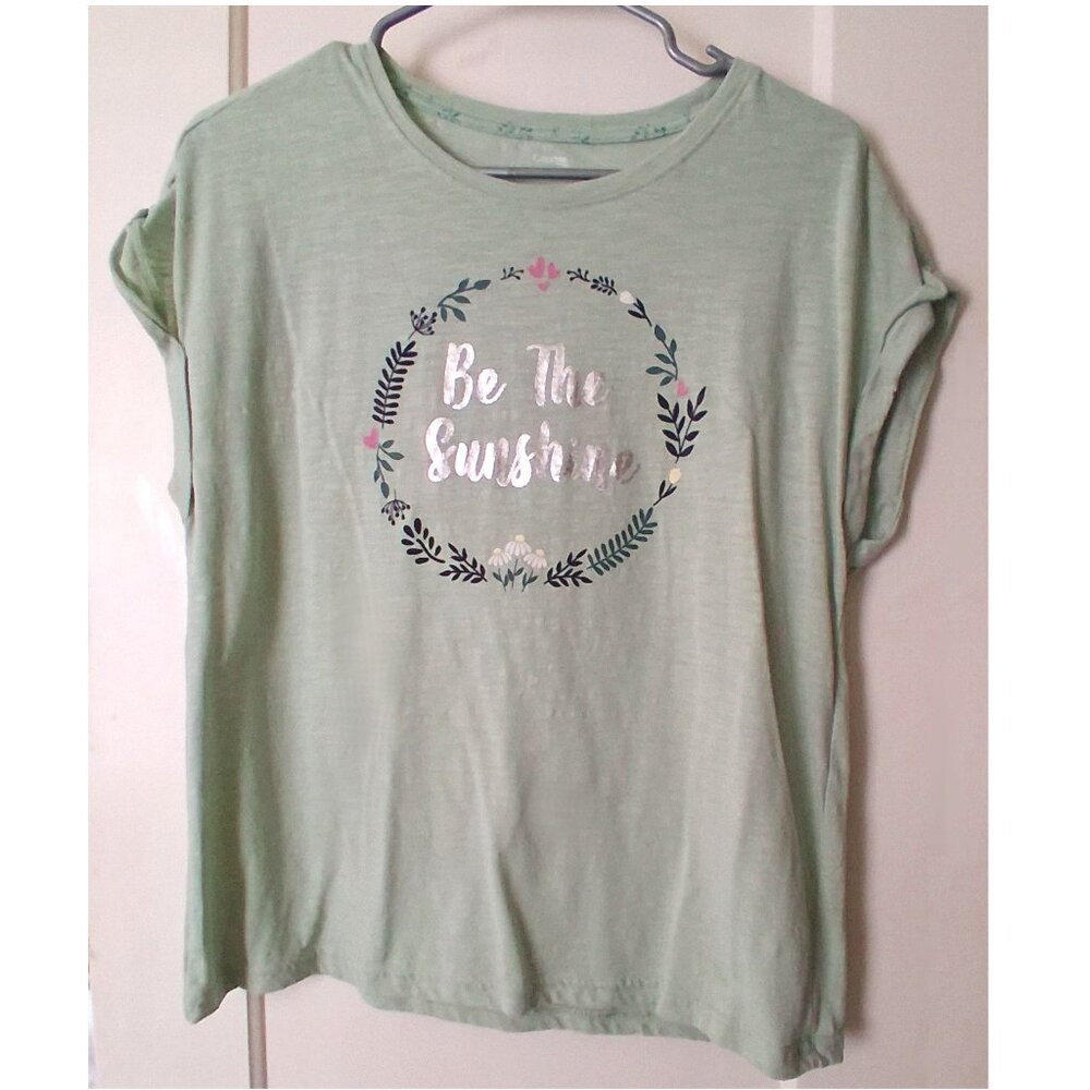 Women's "Be The Sunshine" Shirt, Silver Font, Floral Graphic, Sage Green, Small